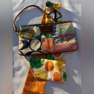 Coach Colorful Patchwork Wristlet and NWT Silk Scarf vintage 2005